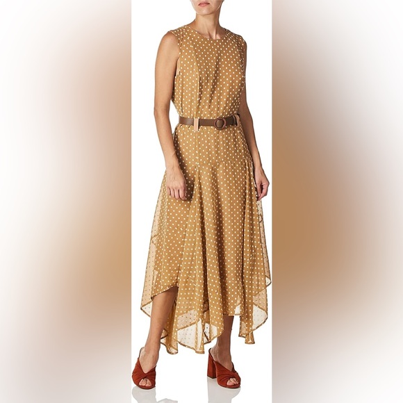 NWT Calvin Klein sleeveless midi dress. Size 8. Tan w/ white dots - Picture 2 of 8